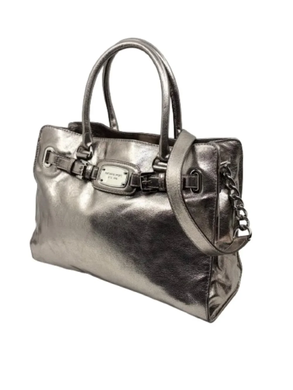 MICHAEL KORS~Hamilton~LARGE METALLIC PEBBLED SILVER LEATHER SATCHEL TOTE BAG